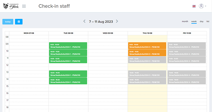 Default weekly view of staff timetable in Check-In system